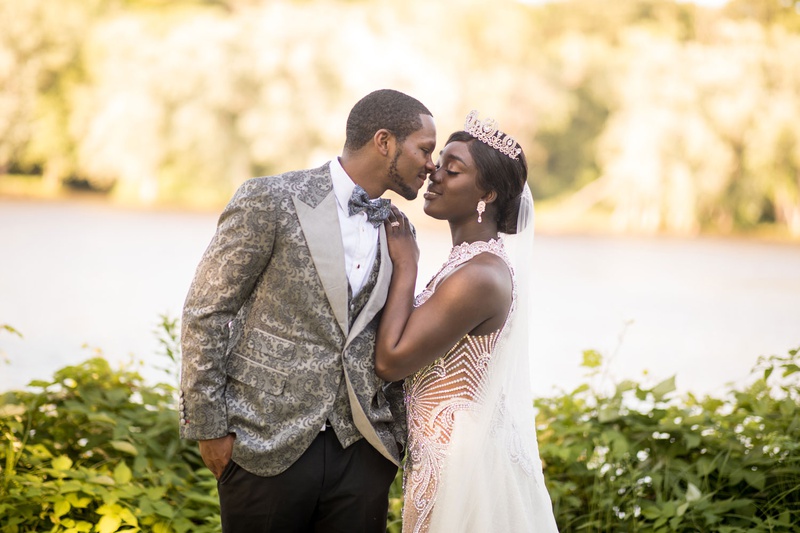 Bride in Tiara %26 Groom in Grey Suit
Photography: Brian Bossany Photography
Read More:
http://www.insideweddings.com/weddings/luxurious-heaven-inspired-royal-wedding-celebration-in-minneapolis/1333/ groom in grey patterned tuxedo jacket vest and bow tie bride in high neck gown tiara veil kiss