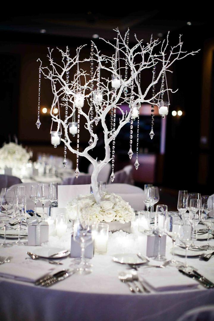 Winter-Inspired Décor
Photography: Jared Platt Photography
Read More:
http://www.insideweddings.com/weddings/lindsey-stratton-and-brandon-wood/376/ White guest tables with manzanita tree and crystals