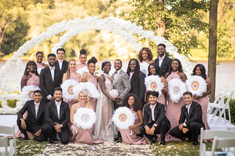 Wedding Party %26 White-Feathered Fans
Photography: Brian Bossany Photography
Read More:
http://www.insideweddings.com/weddings/luxurious-heaven-inspired-royal-wedding-celebration-in-minneapolis/1333/ bride and groom with groomsmen pink ties and bridesmaids dresses gold silver white feather fans