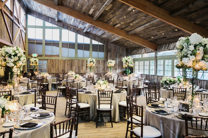 Reception Space with Angled Wood Ceiling
Photography: This Modern Romance
Read More:
http://www.insideweddings.com/weddings/rustic-chic-wedding-with-wooden-accents-and-verdant-details/861/ calamigos ranch redwood room reception, rustic wood ceiling, white and green centerpieces