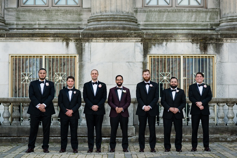 Deep Plum Jacket %26 Tuxedos
Photography: Kent Drake Photography
Read More:
http://www.insideweddings.com/weddings/an-event-planners-wedding-at-a-museum-by-sue-the-tyrannosaurus-rex/955/ Groom in deep burgundy oxblood suit jacket and groomsmen in tuxedos and bow ties boutonnieres