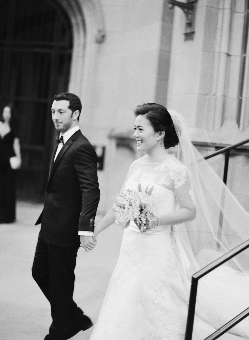 Smiling Bride %26 Groom During Chapel Exit
Photography: Jose Villa Photography
Read More:
http://www.insideweddings.com/weddings/glamorous-sophisticated-garden-themed-ballroom-wedding-in-chicago/905/ Black and white photo of bride and groom smiling as they leave church wedding ceremony