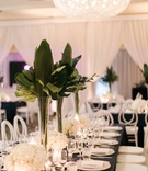 Tall Green Tropical Leaf Centerpiece
Photography: Valorie Darling Photography
Read More:
http://www.insideweddings.com/weddings/santa-monica-wedding-with-tropical-touches-east-coast-inspiration/1232/ wedding reception chandelier rectangle table navy blue white hydrangea low centerpiece tall tropical