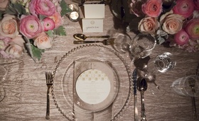 Elegant Place Setting
Photography: Catherine Hall Studios
Read More:
http://www.insideweddings.com/weddings/metropolitan-san-francisco-wedding-at-luxury-hotel/411/ Beaded charger plate and round menu card