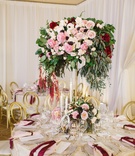 Round Tablescape, Champagne-Hued Linen, Tall Centerpiece
Photography: Brandon Kidd Photography
Read More:
http://www.insideweddings.com/weddings/vibrant-alfresco-ceremony-ballroom-reception-in-newport-beach-ca/951/ round tablescape champagne hued linen tall centerpiece patterned pink red white flowers low candles