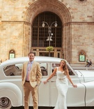 Vintage Rolls-Royce
Photography: Sarah Tew Photography
Read More:
http://www.insideweddings.com/weddings/garden-chic-summer-wedding-in-brooklyn/510/ Bride and groom standing in front of white Rolls-Royce car
