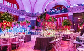 Lush Wedding Reception at Historical Venue
Photography: Heather Waraksa
Read More:
http://www.insideweddings.com/weddings/summer-wedding-with-vibrant-color-palette-in-brooklyn-new-york/738/ Weylin B Seymour's wedding reception with pink, purple, and greenery decorations with uplighting