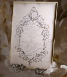 Shimmering Menu Card
Photography: John Solano Photography
Read More:
http://www.insideweddings.com/weddings/lavish-los-angeles-wedding-with-muted-hues/281/ Plush menu with gilded and crystal details
