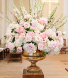 Soft Ceremony Florals
Photography: Perez Photography
Read More:
http://www.insideweddings.com/weddings/church-ceremony-classic-country-club-reception-with-pink-palette/1284/ blush roses, ivory flowers, snapdragons, blush and ivory ceremony arrangements in brass stand
