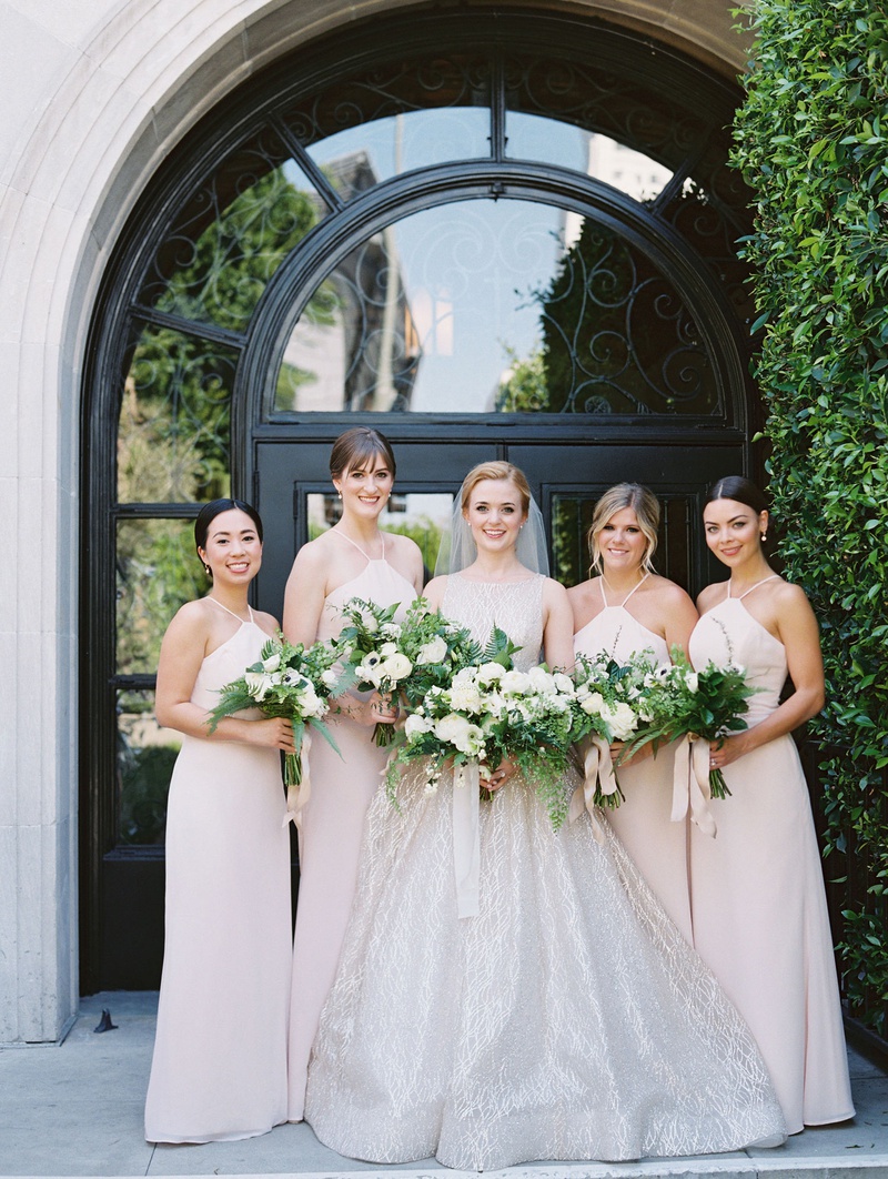 Bridesmaids in Light Pink Halter Gowns
Photography: Mallory Dawn Photography
Read More:
http://www.insideweddings.com/weddings/outdoor-jewish-ceremony-luxe-reception-at-vibiana-in-downtown-la/1259/ bride in sparkling lazaro wedding dress bridesmaids in hayley paige light pink halter neck dresses