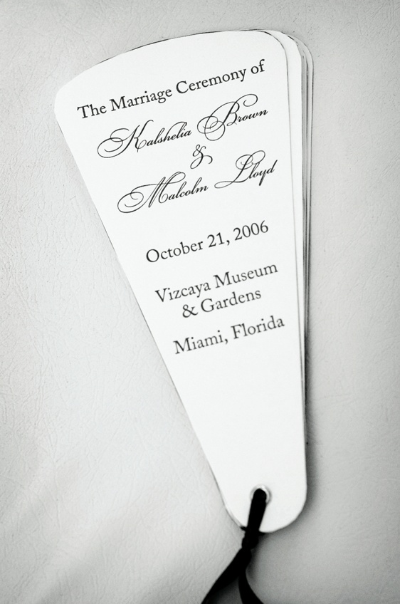 Ceremony Program Fan
Photography: LaCour Photography
Read More:
http://www.insideweddings.com/weddings/fall-wedding-at-the-vizcaya-museum-and-gardens-in-miami-florida/218/ Black and white wedding program fans
