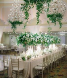 Greenery from Lowered Chandeliers
Photography: Clane Gessel Photography
Read More:
http://www.insideweddings.com/weddings/ocean-view-ceremony-with-cultural-traditions-elegant-reception/1291/ wedding reception ballroom long table gold chair tall green centerpiece white flowers chandeliers
