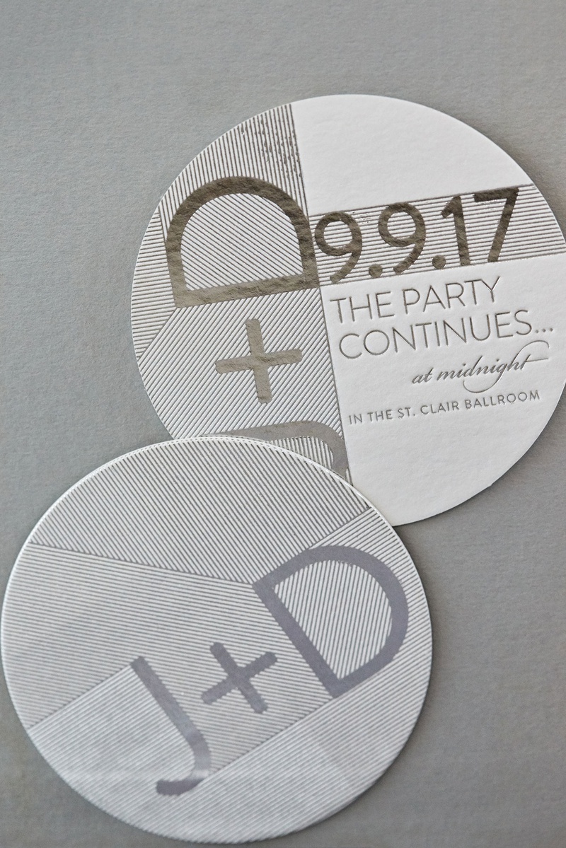 Custom Modern Coaster Design
Photography: KingenSmith
Read More:
http://www.insideweddings.com/weddings/modern-romantic-wedding-with-glam-geometric-details-in-chicago/1171/ wedding reception coaster announcing after party in second ballroom wedding date initials the party