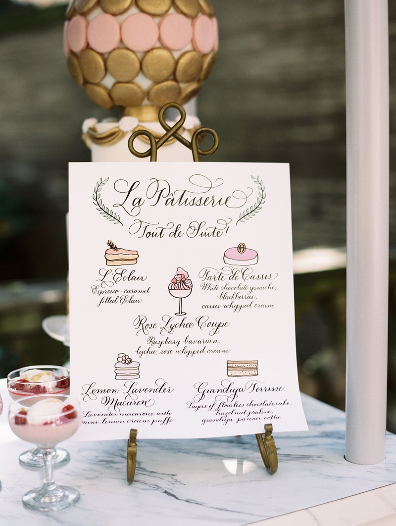 Wedding Pastry Menu with Illustrations
Photography: Abby Jiu Photography
Read More:
http://www.insideweddings.com/weddings/chic-parisian-romance-inspired-spring-wedding-in-washington-dc/1038/ Wedding dessert menu on pastry cart with five dessert choices illustration paintings