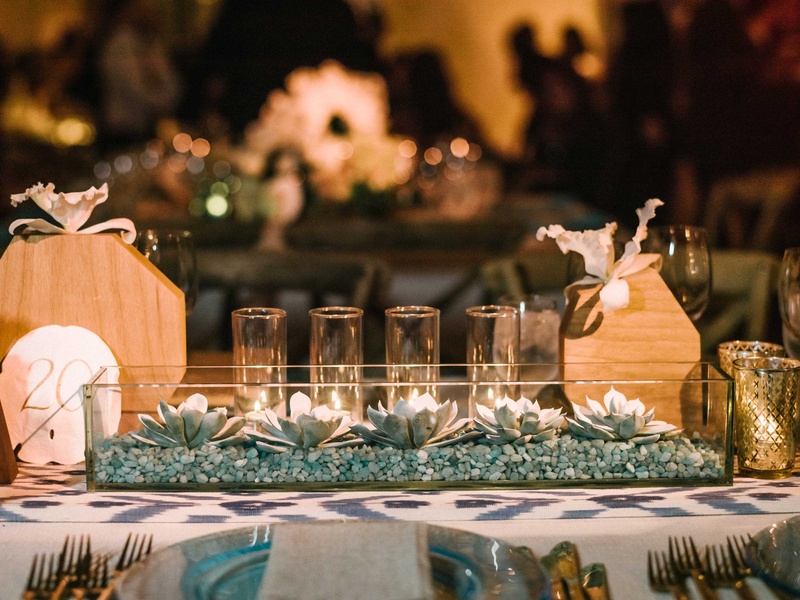Glass Trough with Succulents
Photography: Braedon Photography
Read More:
http://www.insideweddings.com/weddings/orthodox-jewish-wedding-with-outdoor-ceremony-inspired-by-the-sea/812/ Wedding reception centerpiece blue rocks in glass trough with succulent plants, candles, sand dollar