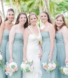 Bridesmaids in Strapless Sage Dresses
Photography: Love and Water Photography
Read More:
http://www.insideweddings.com/weddings/destination-hawaiian-wedding-with-travel-vintage-theme-in-maui/772/ bridesmaids in sage dresses with bride in white bridal gown and pastel bouquets