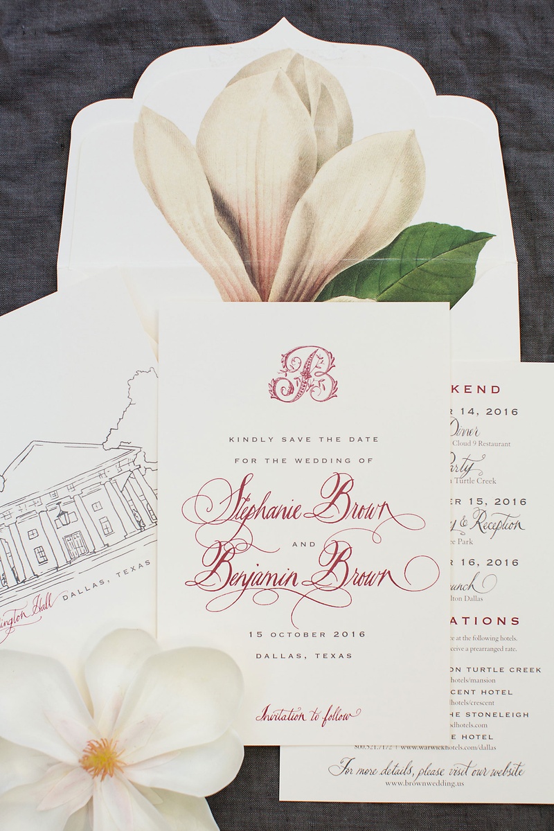 Save-the-Date Card with Magnolia
Photography: Sarah Kate, Photographer
Read More:
http://www.insideweddings.com/weddings/outdoor-fall-ceremony-opulent-tented-reception-in-dallas-texas/1022/ Wedding save the date card with magnolia illustration and sketch of venue monogram red burgundy