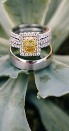 Custom Engagement Ring
Photography: Vue Photography
Read More:
http://www.insideweddings.com/weddings/southern-lake-house-wedding-with-ivory-and-green-color-palette/534/ Three-row ring with yellow diamond and halo