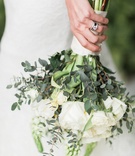 Diamond Wedding Bands %26 Engagement Ring
Photography: Lucas Rossi and Michelle Kyle
Read More:
http://www.insideweddings.com/weddings/inspirational-outdoor-garden-wedding-shoot-with-modern-elements/687/ Bride holds bouquet of white roses, greenery and wears diamond wedding bands and engagment ring