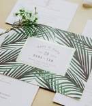 Tropical Palm Leaf Save the Date
Photography: Chris J. Evans Photography
Read More:
http://www.insideweddings.com/weddings/outdoor-winter-ceremony-and-reception-on-the-big-island-in-hawaii/1306/ wedding invitation suite destination wedding hawaii save the date invite gold border green palm tree