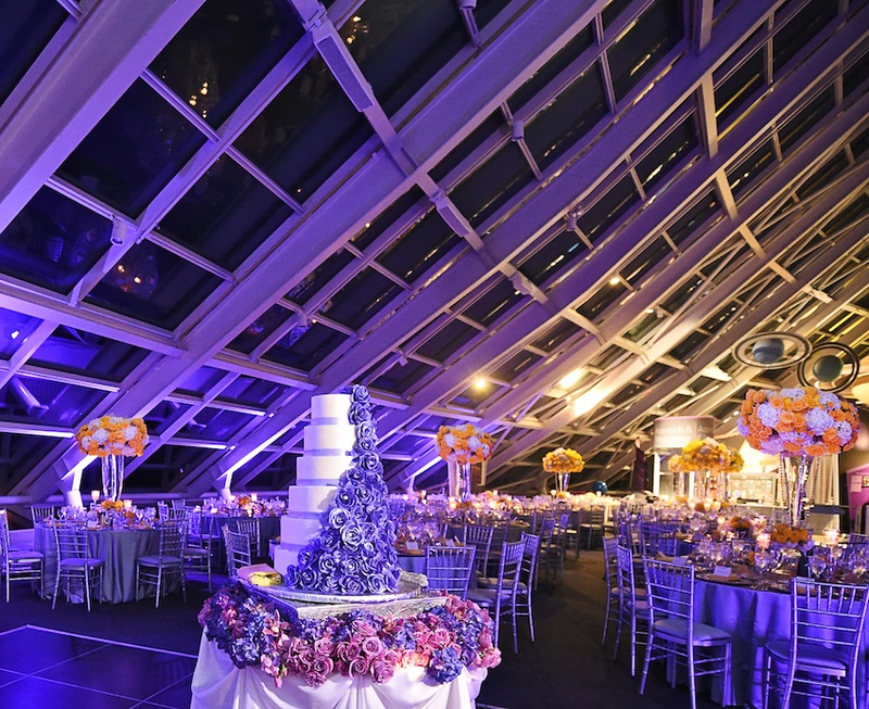 Modern Purple Reception
Photography: Carasco Photography
Read More:
http://www.insideweddings.com/weddings/city-wedding-at-chicago-planetarium-with-purple-yellow-palette/688/ Wedding reception cake decorated with violet sugar roses, purple lighting, yellow & white flowers
