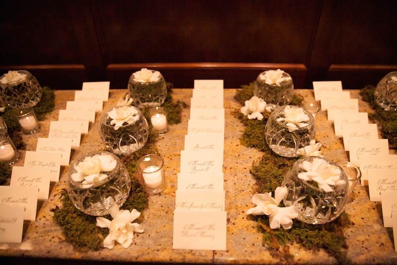 Nature-Inspired Escort Card Table
Photography: Michael Carr Photography
Read More:
http://www.insideweddings.com/weddings/traditional-church-ceremony-forest-inspired-reception-in-houston/695/ Granite table with escort cards, moss, and gardenia flowers
