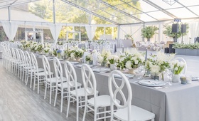 Round, Cross-Back Chairs
Photography: Melani Lust Photography
Read More:
http://www.insideweddings.com/weddings/indoor-ceremony-and-tented-reception-with-modern-neutral-palette/1073/ clear-topped tent, grey linens, white round and cross-back chairs