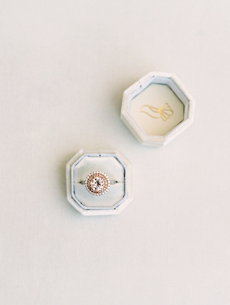 Double-Halo Engagement Ring in Velvet Box
Photography: Mallory Dawn Photography
Read More:
http://www.insideweddings.com/weddings/outdoor-jewish-ceremony-luxe-reception-at-vibiana-in-downtown-la/1259/ wedding ring engagement ring box double halo setting round diamond center stone rose gold platinum