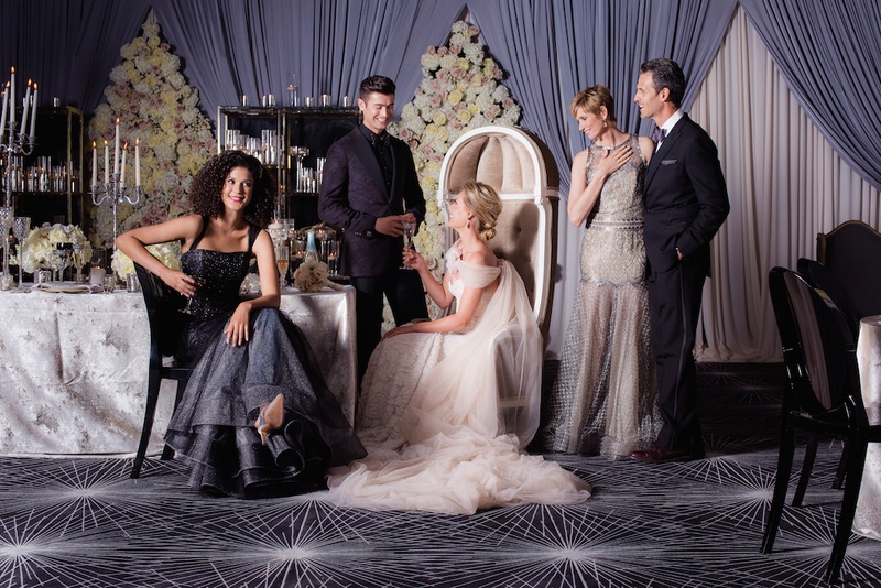 Stylish Newlyweds, Parents, and Guests
Photography: Gold Grid Studios
Read More:
http://www.insideweddings.com/weddings/celebratory-wedding-shoot-with-elegant-romantic-decor-in-chicago/728/ Bride in an Inbal Dror dress, groom in a purple smoking jacket, mother of the bride in a long dress