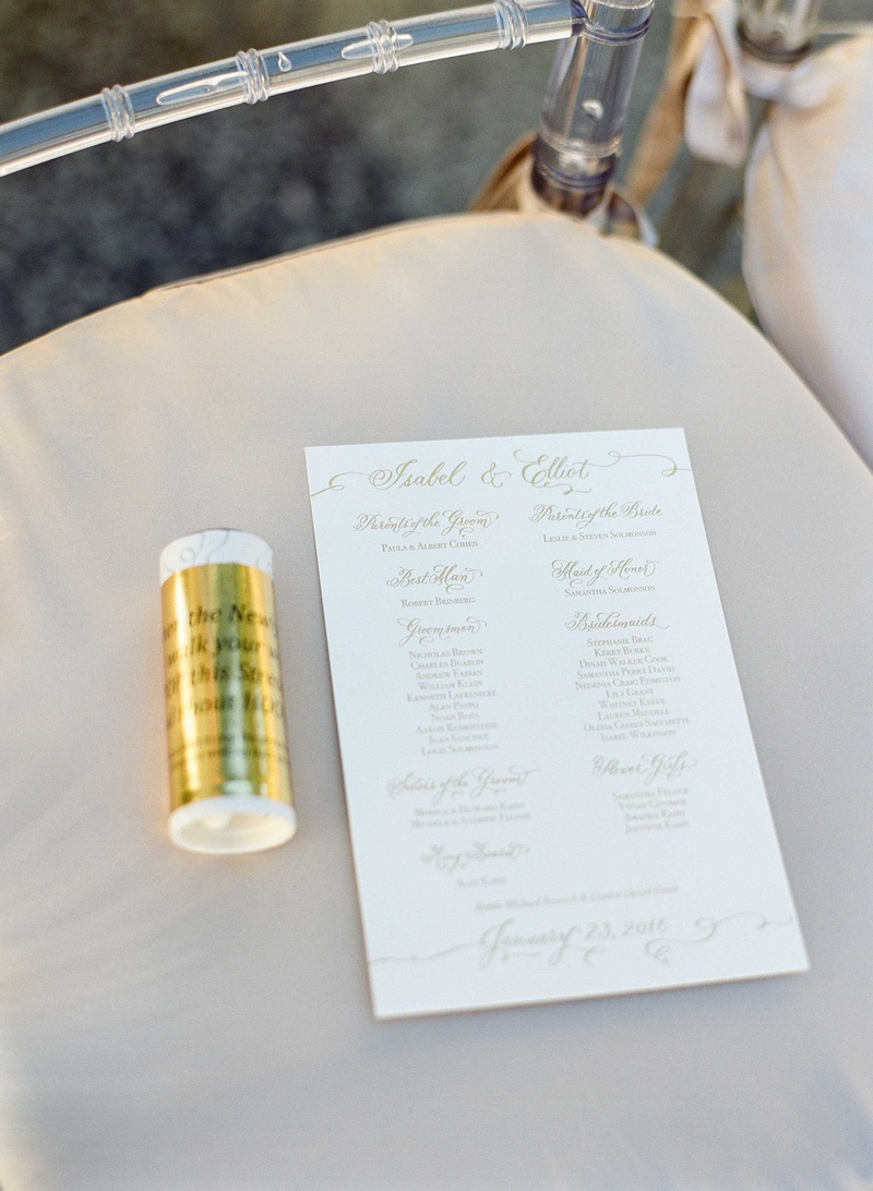 Gold %26 White Ceremony Program %26 Confetti
Photography: Kat Braman Photography
Read More:
http://www.insideweddings.com/weddings/a-sophisticated-museum-wedding-with-modern-details-in-palm-beach/899/ Lucite chair with beige cushion white and gold ceremony program with list of wedding party parents