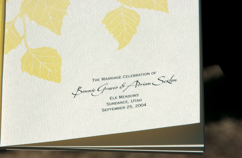 Fall-Themed Wedding Program
Photography: Quinn Farley for Scott Breen Studios
Read More:
http://www.insideweddings.com/weddings/fall-mountain-lodge-wedding-in-sundance-utah/612/ Ceremony program with yellow autumn leaves