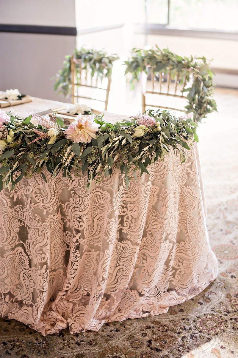 Ornately Patterned Linens
Photography: Laurie Bailey Photography
Read More:
http://www.insideweddings.com/weddings/oceanfront-wedding-ceremony-classic-romantic-ballroom-reception/854/ sweetheart table, patterned linens, floral garland in front, greenery of backs of chiavari chairs