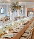 Long Table with Lush Ivory Florals
Photography: Jose Villa
Read More:
http://www.insideweddings.com/weddings/opulent-destination-wedding-with-luxe-tropical-decor-in-palm-beach/1158/ Wedding reception long table beige linen white flower runner crystal candelabra white wood chairs