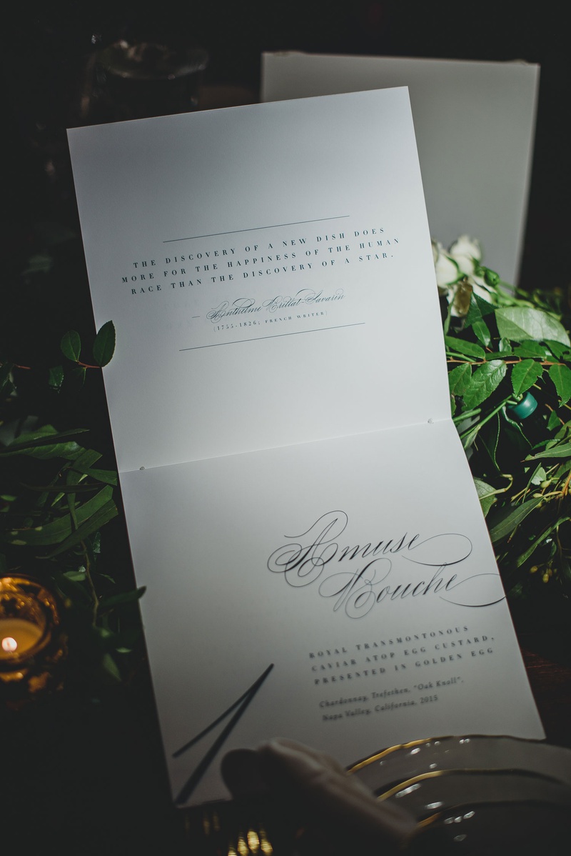 Unique Multi-Page Wedding Menu
Photography: LuxRox
Read More:
http://www.insideweddings.com/weddings/alfresco-inspired-luxurious-hotel-wedding-in-washington-dc/1312/ wedding menu with quotes about food gastronomy fare cuisine with amuse bouche calligraphy menu