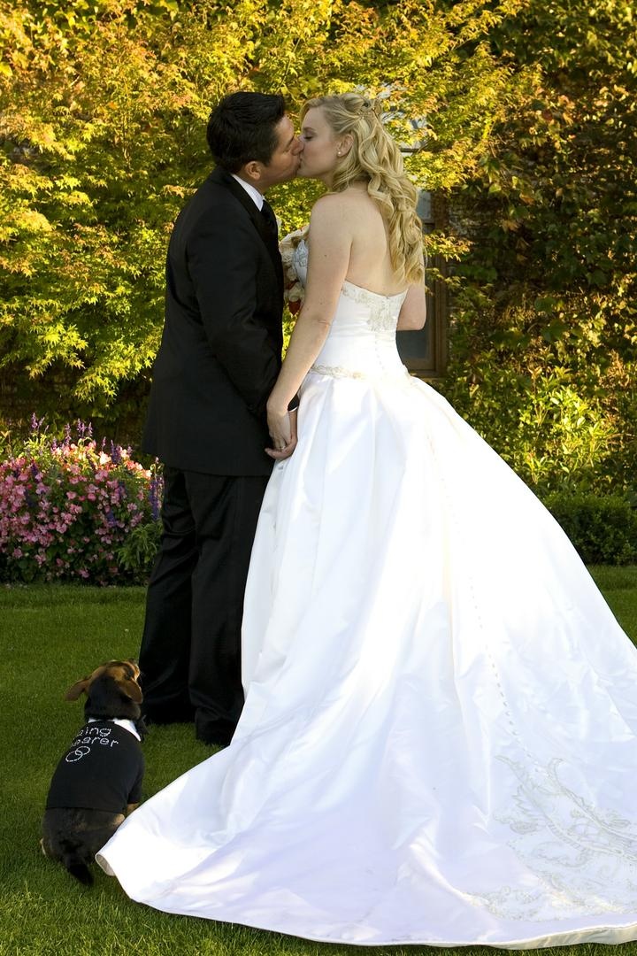 Bride and Groom with Dog
Photography: Simone %26 Martin Photography
Read More:
http://www.insideweddings.com/weddings/sophisticated-autumn-inspired-wedding-in-napa-valley-california/262/ Bride and groom kiss in front of small dog