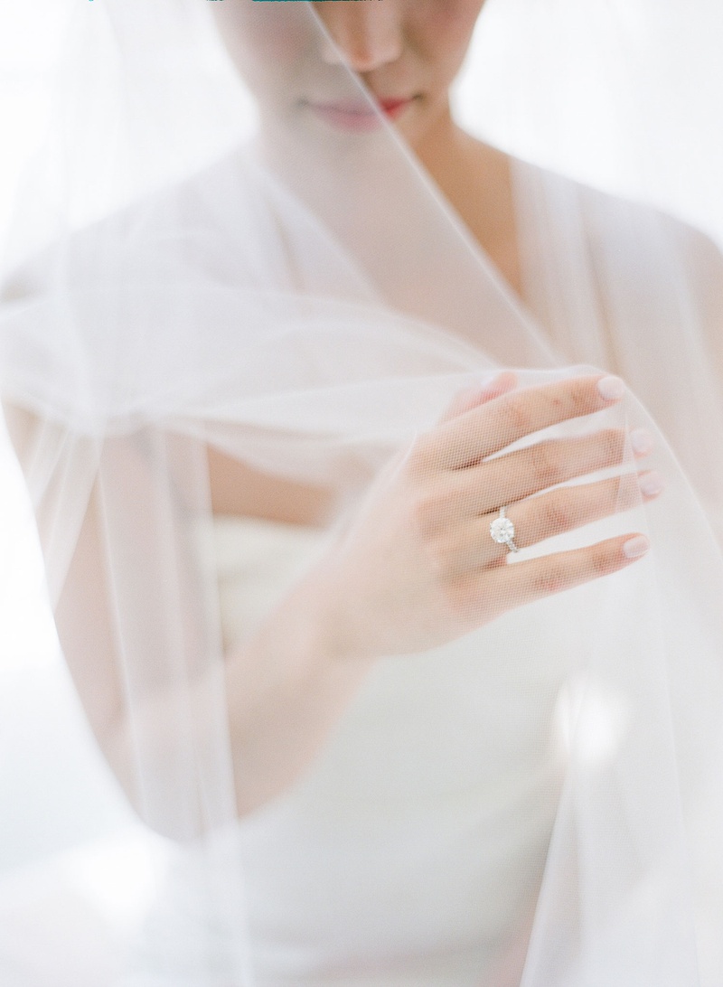 Pretty Veil Over Bride's Engagement Ring
Photography: Michelle Beller Photography
Read More:
http://www.insideweddings.com/weddings/classic-ceremony-beachfront-ballroom-reception-in-santa-monica/1234/ bride with romantic veil over face with arms underneath strapless gown round diamond engagement ring