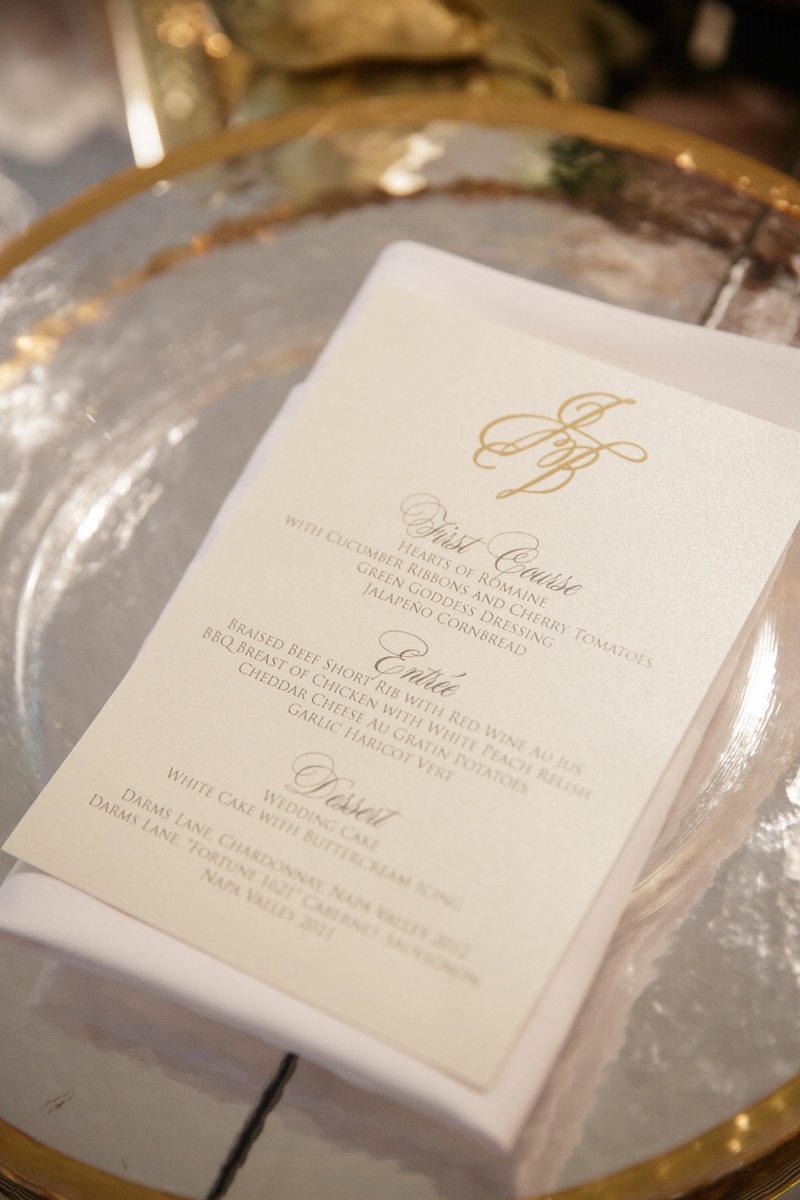 Menu with Golden Monogram
Photography: Karlisch Studio
Read More:
http://www.insideweddings.com/weddings/southern-chic-wedding-in-oklahoma-with-performance-by-boyz-ii-men/697/ Ivory wedding reception menu for three-course meal couple's monogram in gold
