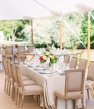 Beige Linen on Rectangular Reception Table
Photography: Bonnie Sen Photography
Read More:
http://www.insideweddings.com/weddings/outdoor-ceremony-tented-reception-by-a-tranquil-river-in-maryland/1088/ Tent wedding reception beige wood furniture around table light blue linen napkins flowers colorful