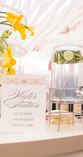 Three-Part Water Station
Photography: Thisbe Grace Photography
Read More:
http://www.insideweddings.com/weddings/gorgeous-tented-wedding-in-texas-with-neutral-gold-color-palette/677/ Wedding reception infused water station ideas