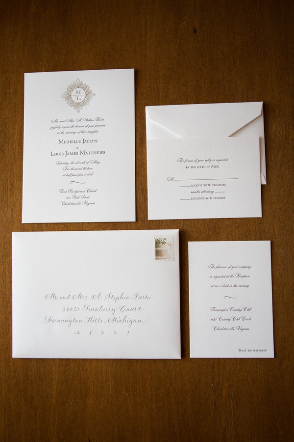 Classic Invitation Suite
Photography: Aaron Watson Photography
Read More:
http://www.insideweddings.com/weddings/classic-virginia-wedding-inspired-by-grace-kellys-elegance/511/ Calligraphy address with script font invite cards
