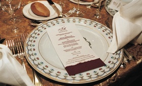 Gold-Rimmed China
Photography: Cappy Hotchkiss Photography
Read More:
http://www.insideweddings.com/weddings/persian-chinese-wedding-celebration-in-new-york-city/130/ Red and white menu card on patterned plate