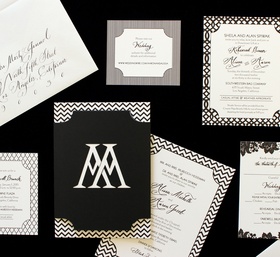 Patterned Black and White Invitation
Read More:
http://www.insideweddings.com/inspiration/board/146/zenadia-design/black-and-white-wedding-invitations/ Bold patterns make for a fun invitation with a laser cut belly band.