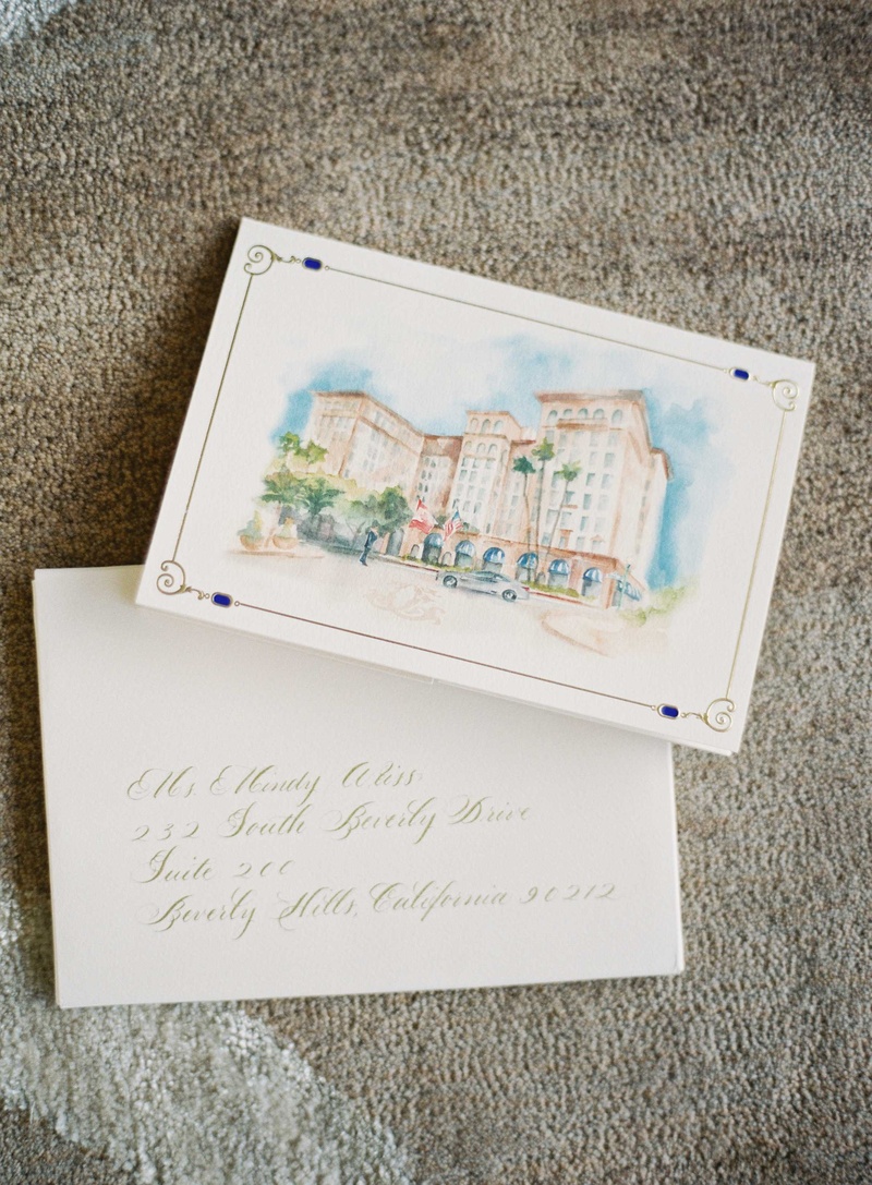 Watercolor Invitation
Photography: Jose Villa Photography
Read More:
http://www.insideweddings.com/weddings/destination-beverly-hills-wedding-with-celebrity-chef-performers/467/ Wedding invite with watercolor painting of venue on front