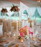 Golf Flag Table Cards
Photography: Adrienne Page
Read More:
http://www.insideweddings.com/weddings/pink-and-white-destination-wedding-in-charleston-south-carolina/542/ Gold-rimmed glassware inside tented reception