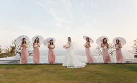 Bali Wedding Bridesmaids
Photography: Samuel Lippke for Ira Lippke Studios
Read More:
http://www.insideweddings.com/weddings/destination-wedding-in-bali-with-eastern-western-traditions/403/ Bride with parasol bridesmaids in front of infinity pool