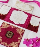 Velvet Wedding Invitation Booklet
Photography: Amy Anaiz Photography
Read More:
http://www.insideweddings.com/weddings/rooftop-ceremony-glam-reception-with-chic-blooms-in-new-york-city/1019/ Chic wedding invite velvet book gold details monogram red burgundy fuchsia
