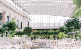 Natural Light-Filled Reception Space
Photography: Lauren Gabrielle Photography
Read More:
http://www.insideweddings.com/weddings/summer-real-wedding-featuring-tropical-decor-at-an-art-museum/1328/ wedding reception cleveland museum of art tall ceiling glass skylight tropical centerpiece monstera