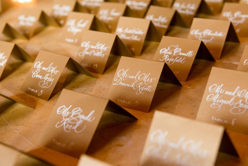 Tan Escort Cards with Silver Calligraphy
Photography: Boyd Harris Photographs
Read More:
http://www.insideweddings.com/weddings/a-jeweled-floral-wedding-at-fairmont-grand-del-mar-in-san-diego/745/ Brown kraft paper escort cards with silver calligraphy
