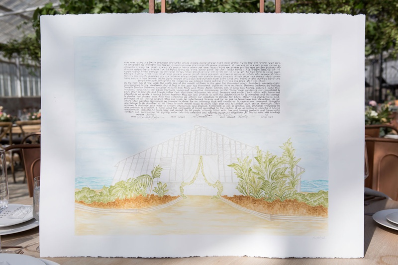 Custom Ketubah with Venue Illustration
Photography: Maya Myers Photography
Read More:
http://www.insideweddings.com/weddings/ocean-view-ceremony-rustic-chic-reception-in-former-greenhouse/1297/ jewish wedding ketubah marriage contract illustration watercolor of venue greenhouse santa barbara