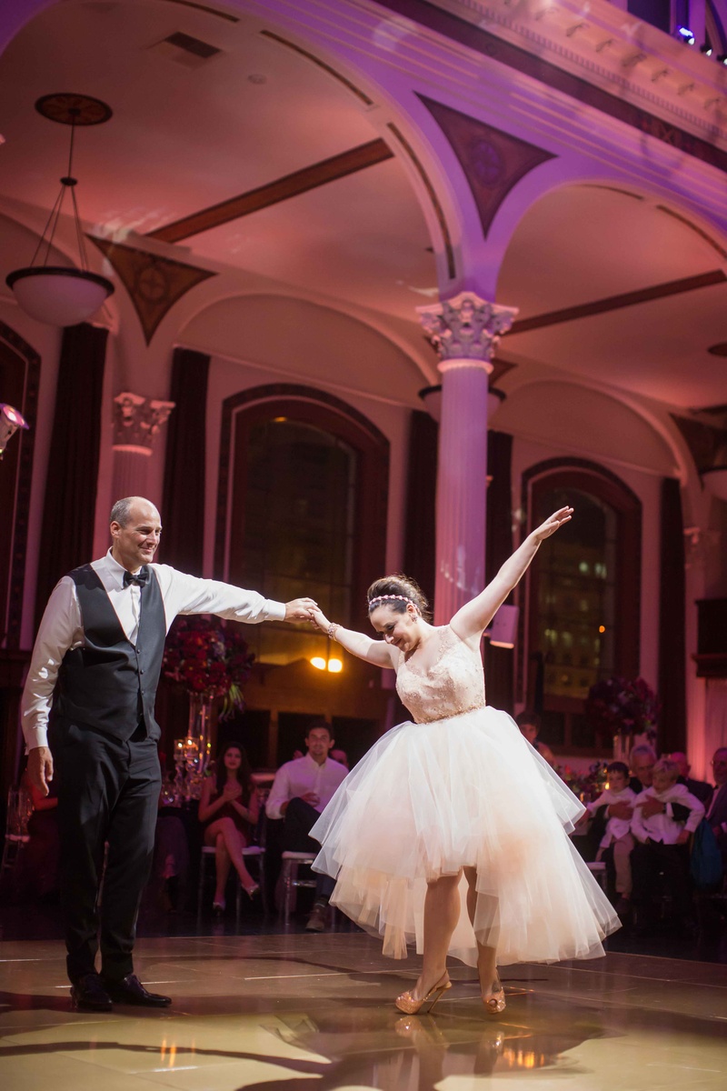Impressive Father-Daughter Dance
Photography: KLK Photography
Read More:
http://www.insideweddings.com/weddings/greek-orthodox-church-ceremony-glamorous-purple-gold-reception/730/ Bride performing father-daughter dance in high heels with high low skirt for reception dress